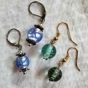 Aqua Teal & Blue Bohemian Czech Glass Pierced Earrings 2 Pair